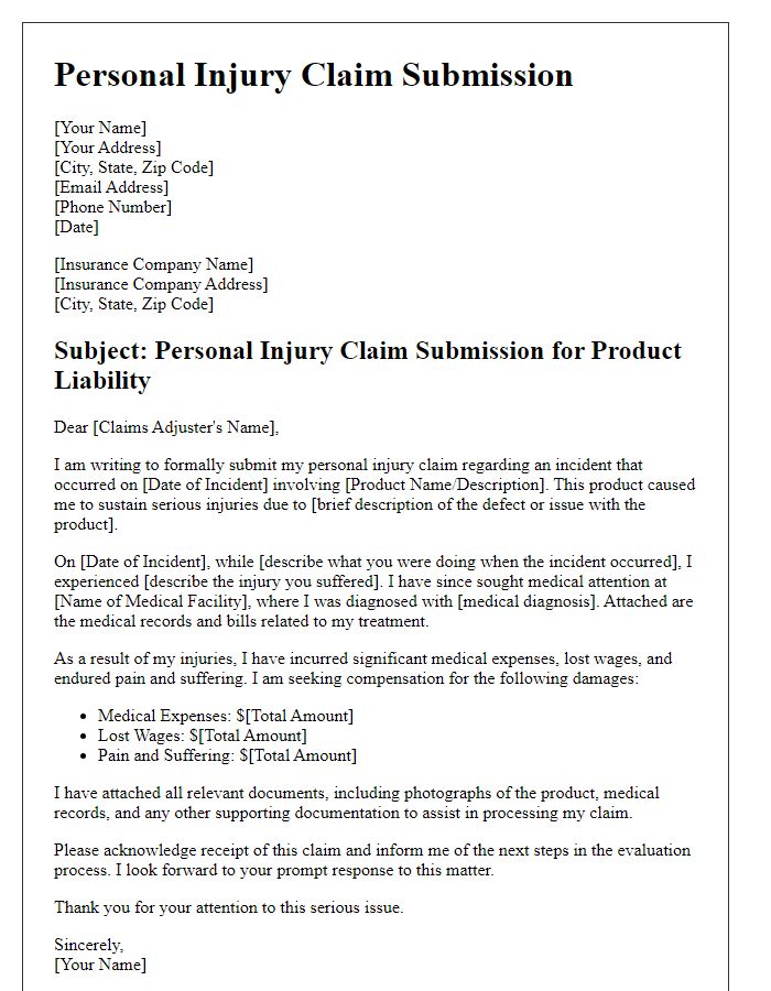 Letter template of personal injury claim submission for product liability.