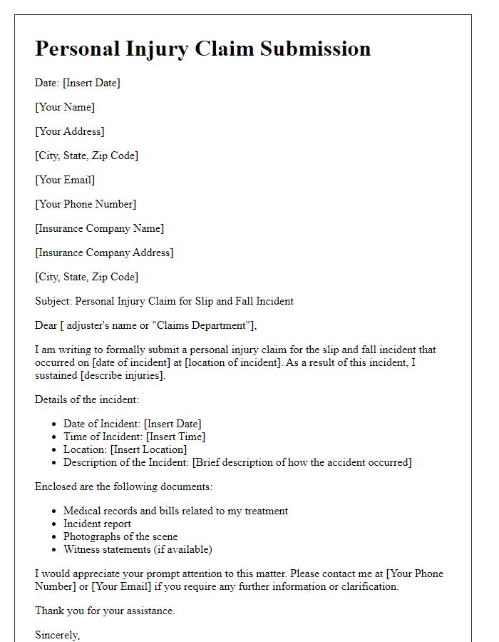 Letter template of personal injury claim submission for slip and fall incident.