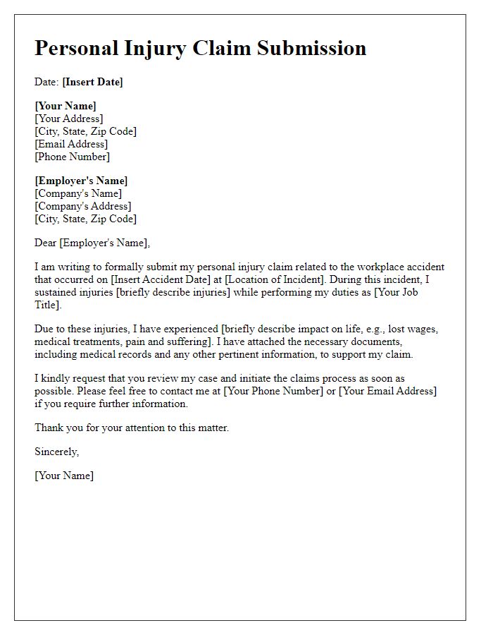 Letter template of personal injury claim submission for workplace accident.