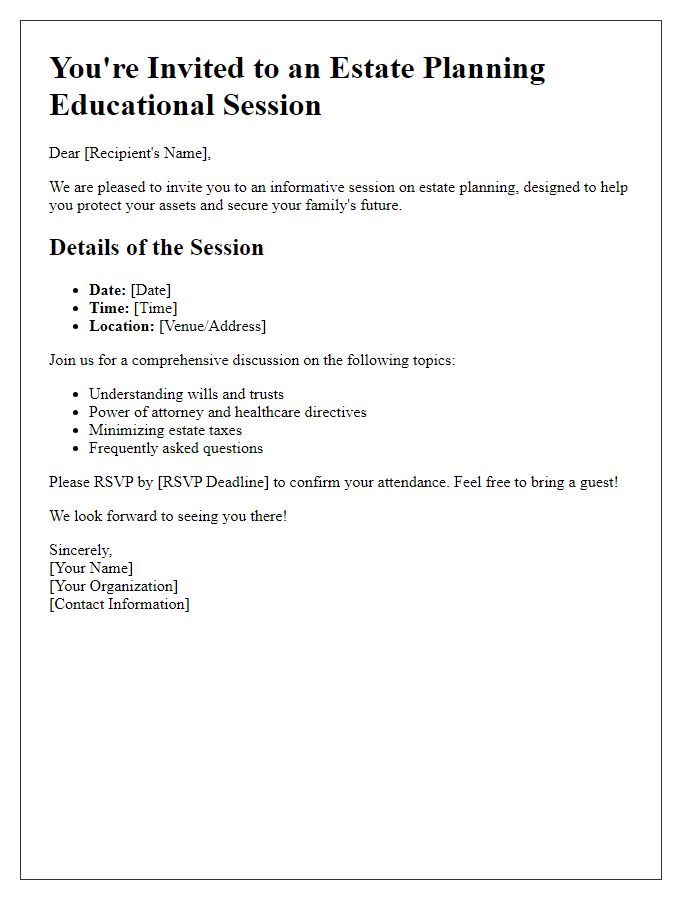 Letter template of estate planning educational session invitation