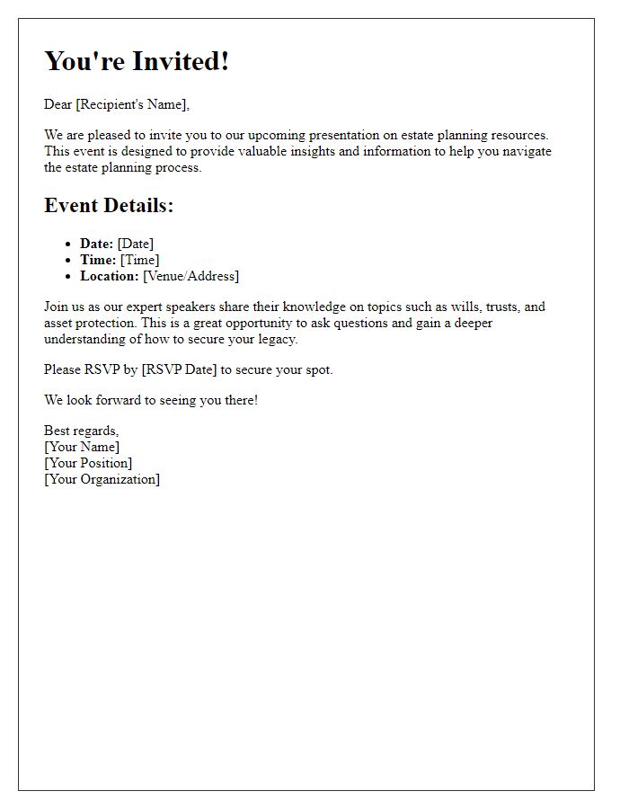 Letter template of estate planning resources presentation invitation