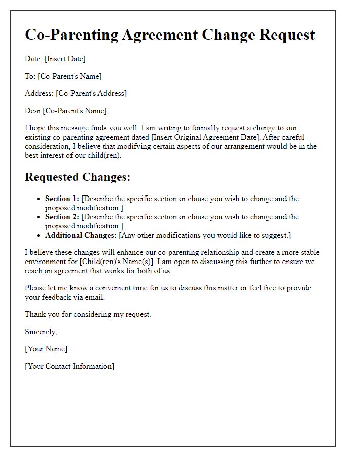 Letter template of Co-Parenting Agreement Change Request