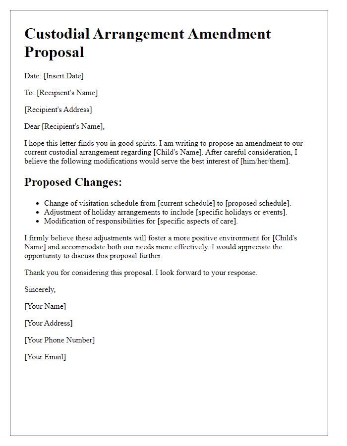 Letter template of Custodial Arrangement Amendment Proposal