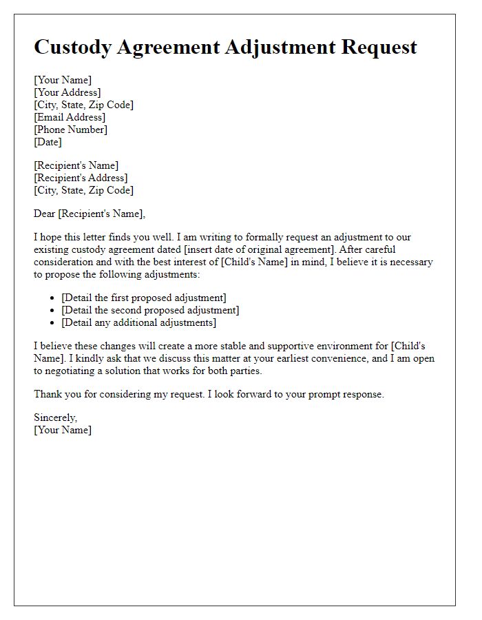 Letter template of Custody Agreement Adjustment Request