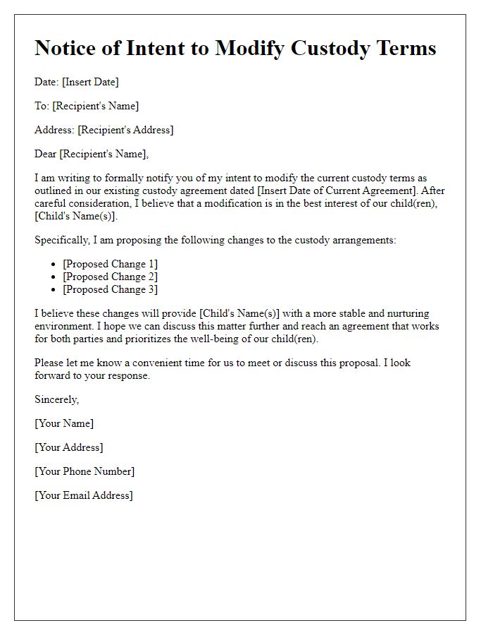 Letter template of Notice of Intent to Modify Custody Terms