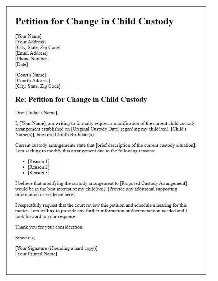 Letter template of Petition for Change in Child Custody