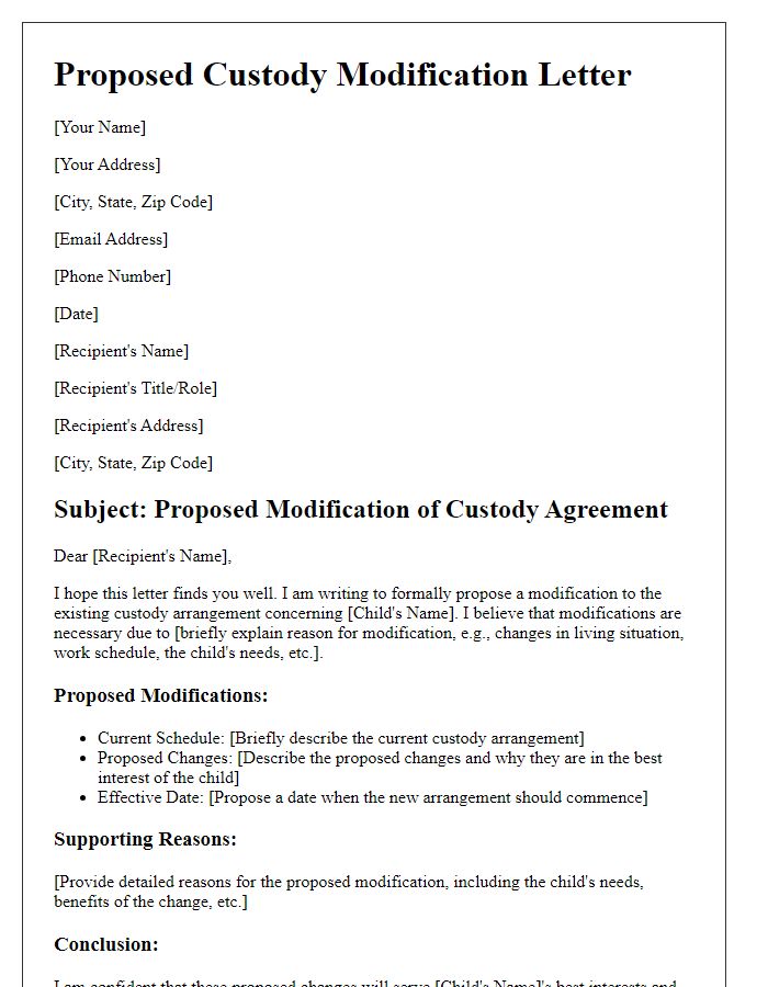 Letter template of Proposed Custody Modification Outline