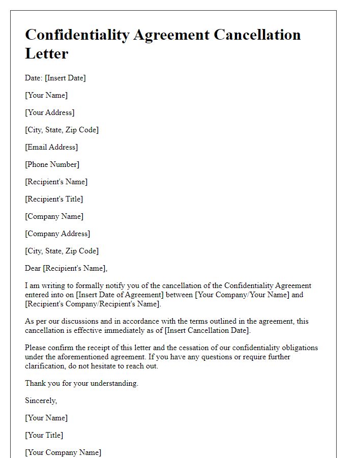 Letter template of confidentiality agreement cancellation.