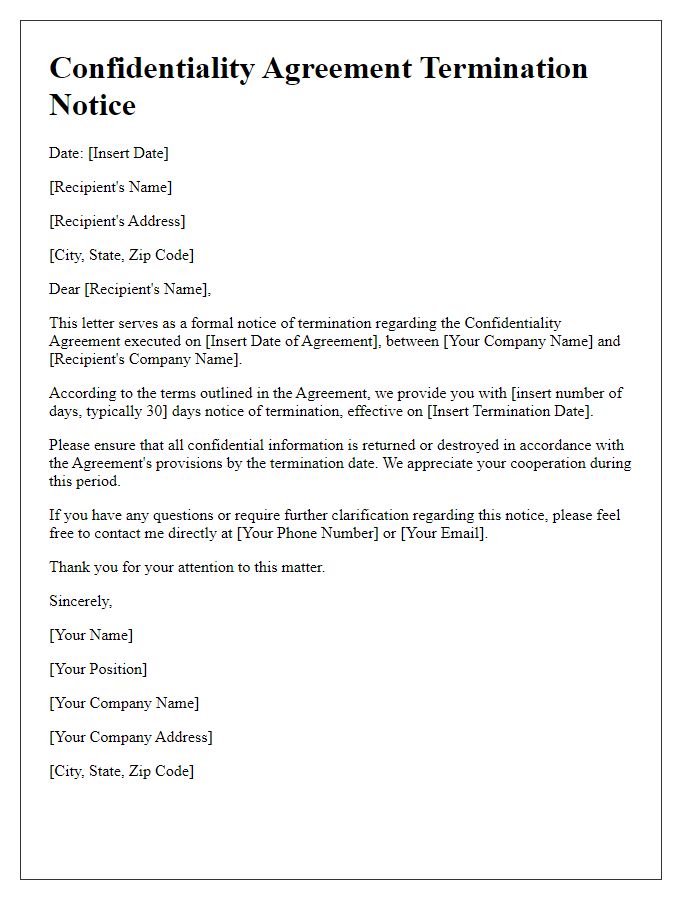 Letter template of confidentiality agreement termination notice.