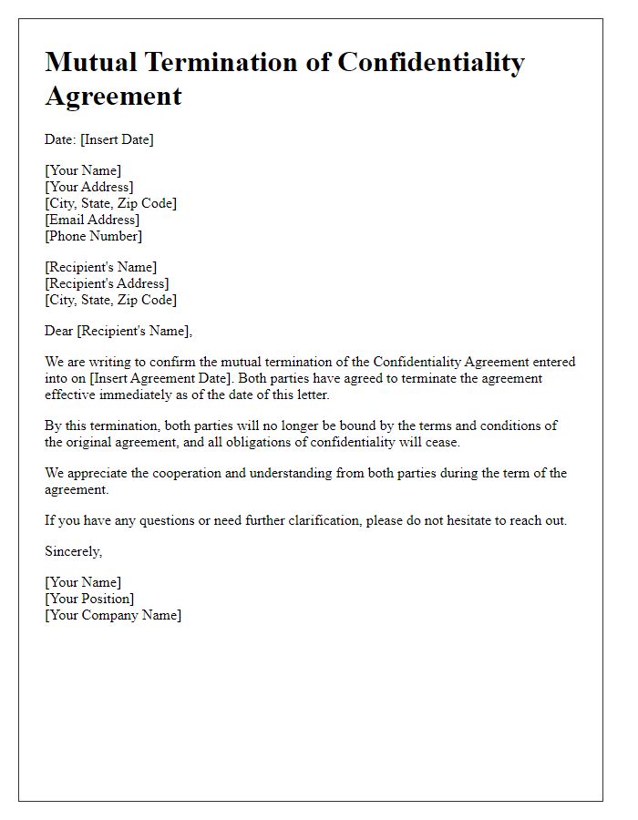 Letter template of mutual termination of confidentiality agreement.