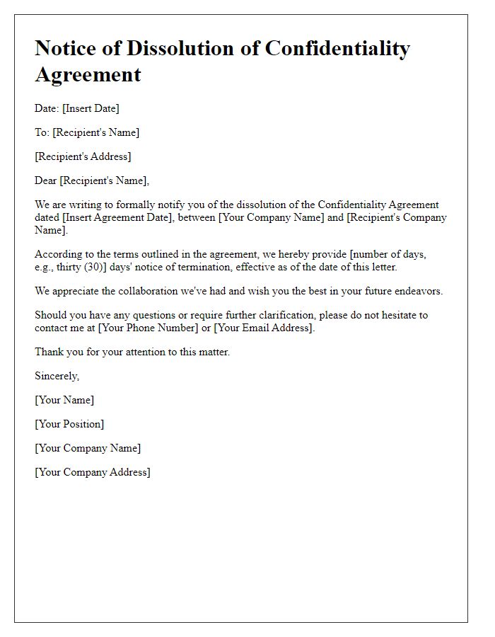 Letter template of notice for confidentiality agreement dissolution.