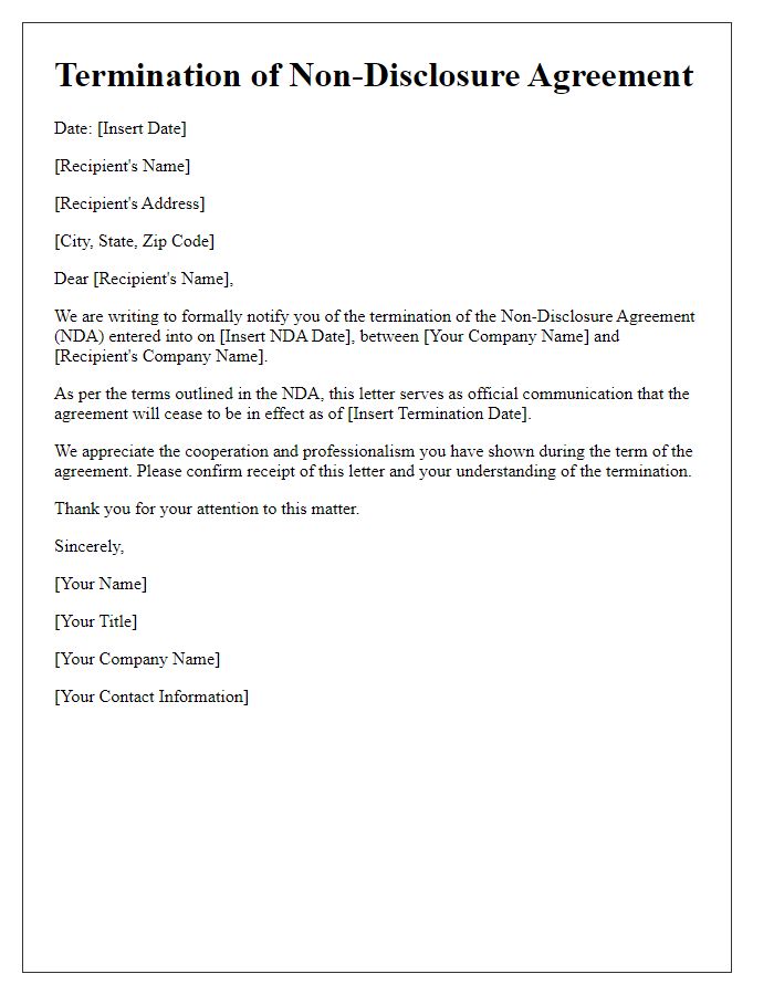 Letter template of termination of non-disclosure agreement.