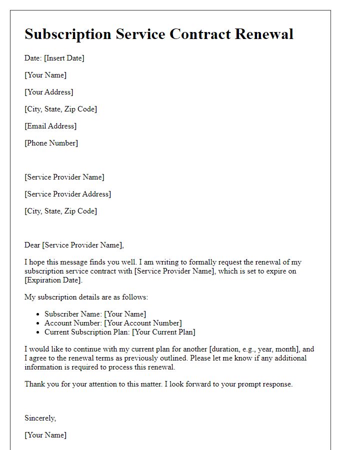 Letter template of subscription service contract renewal