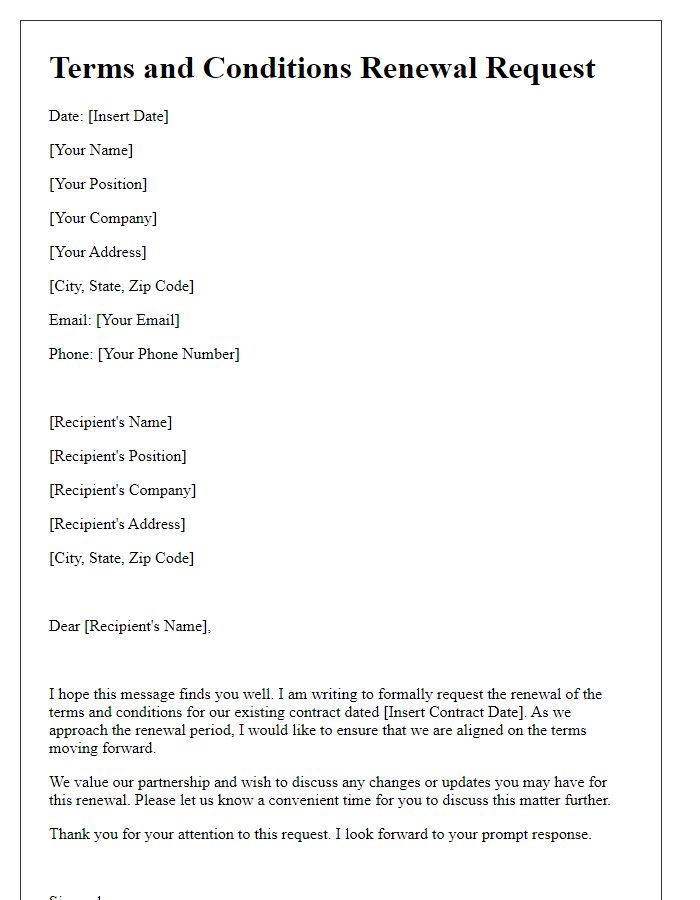 Letter template of terms and conditions renewal request for existing contract