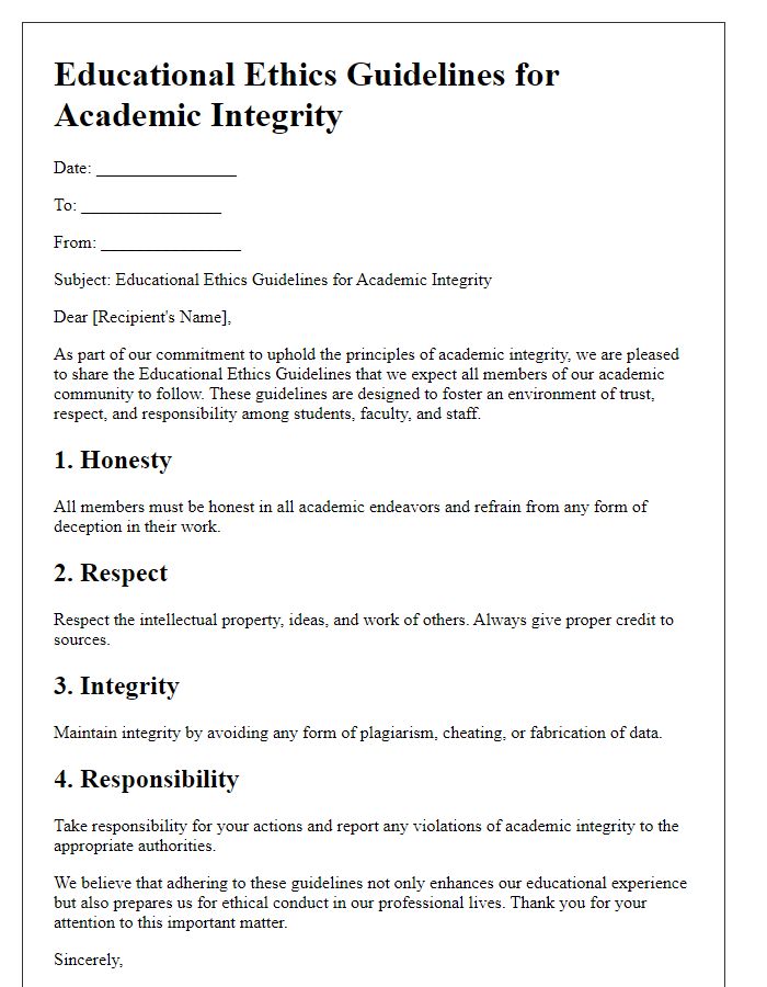 Letter template of educational ethics guidelines for academic integrity