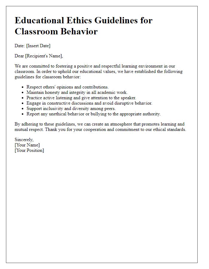 Letter template of educational ethics guidelines for classroom behavior