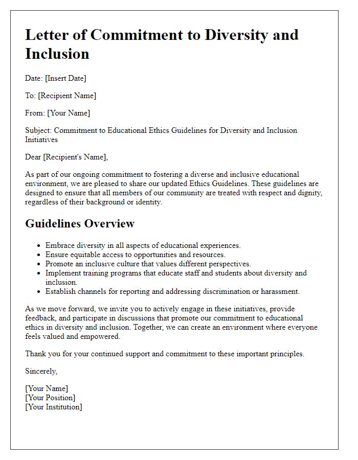 Letter template of educational ethics guidelines for diversity and inclusion initiatives