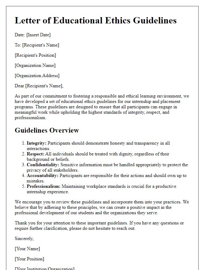 Letter template of educational ethics guidelines for internship and placement programs