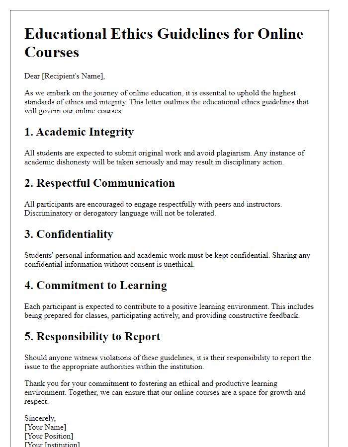 Letter template of educational ethics guidelines for online courses