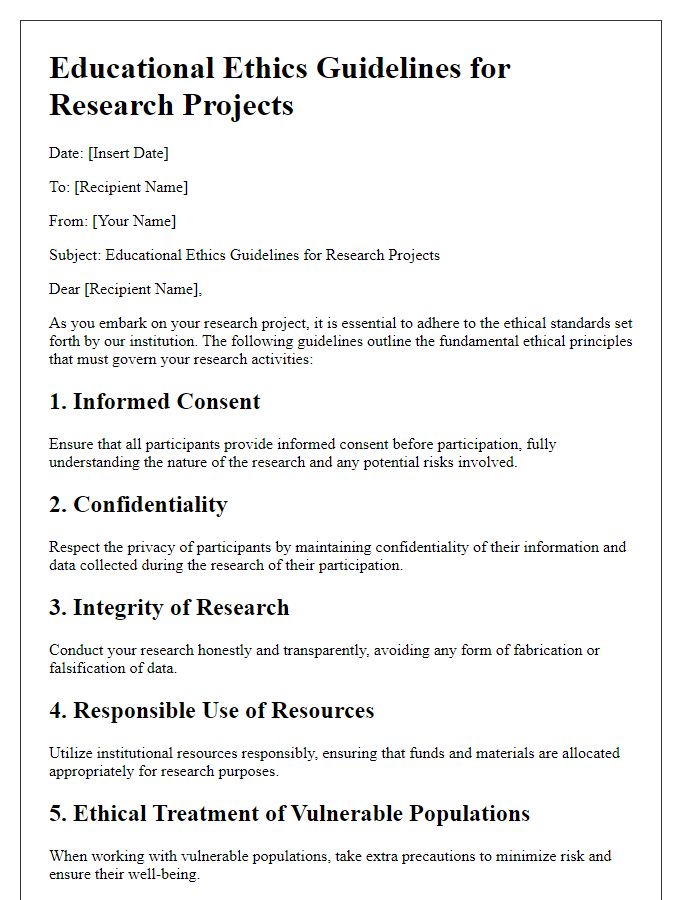 Letter template of educational ethics guidelines for research projects