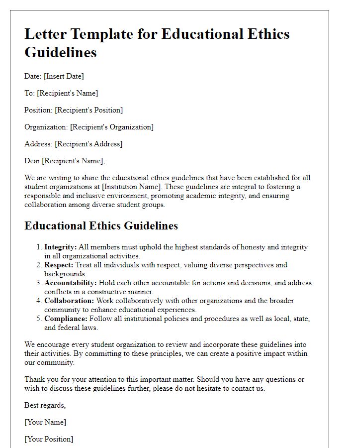 Letter template of educational ethics guidelines for student organizations