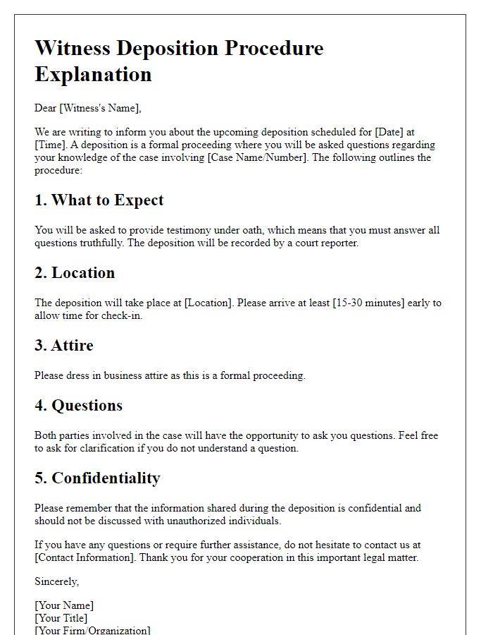 Letter template of witness deposition procedure explanation