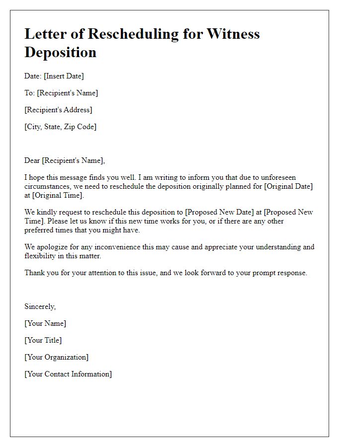 Letter template of witness deposition rescheduling