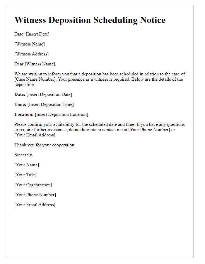 Letter template of witness deposition scheduling notice