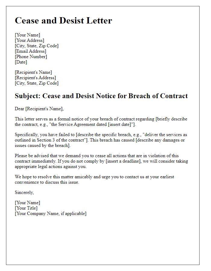 Letter template of cease and desist for contract breach