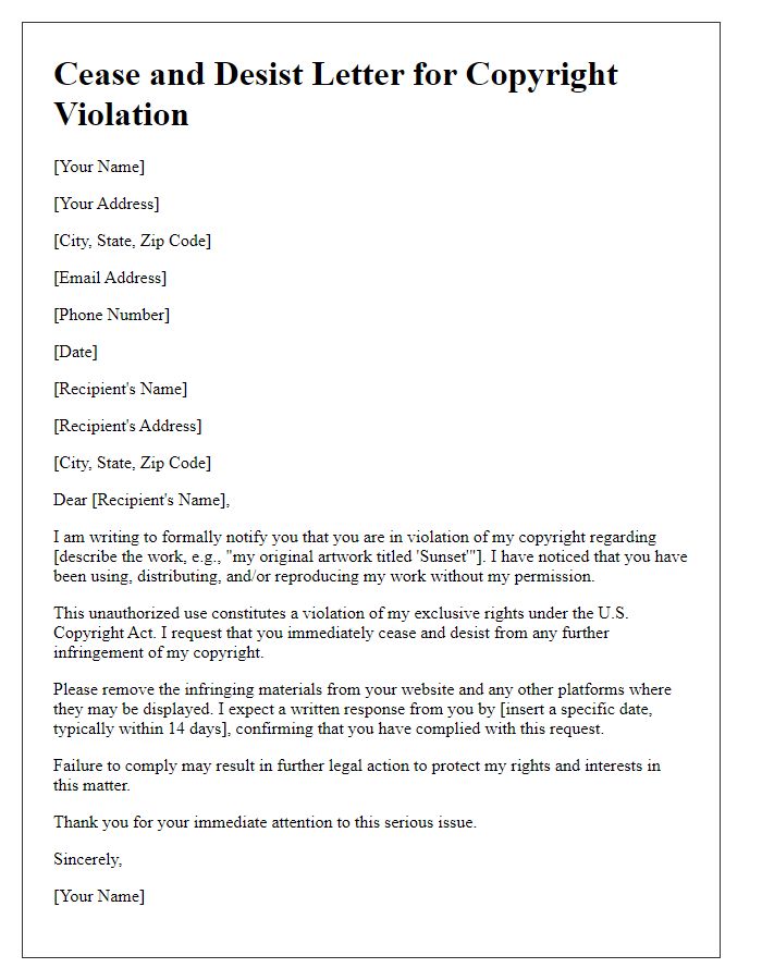 Letter template of cease and desist for copyright violation