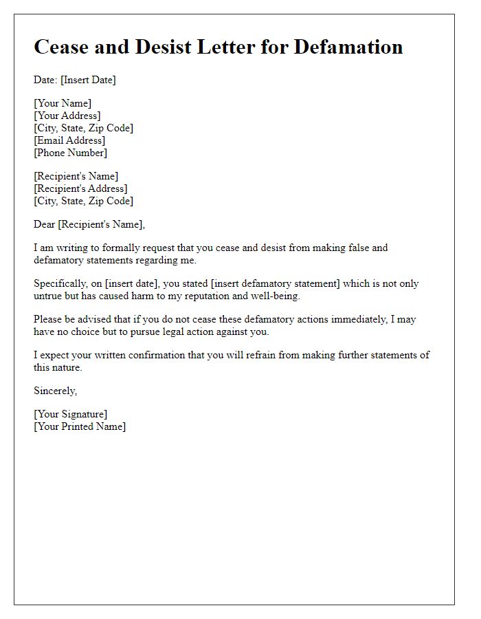 Letter template of cease and desist for defamation