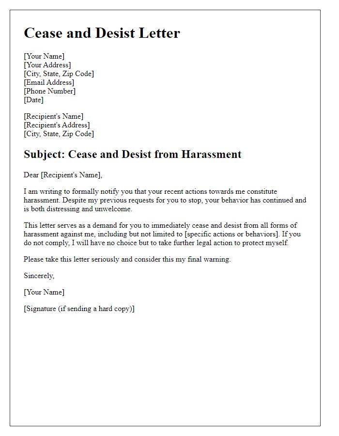 Letter template of cease and desist for harassment