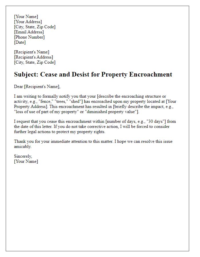 Letter template of cease and desist for property encroachment