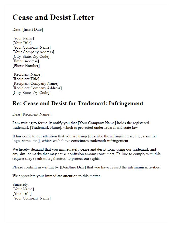 Letter template of cease and desist for trademark infringement