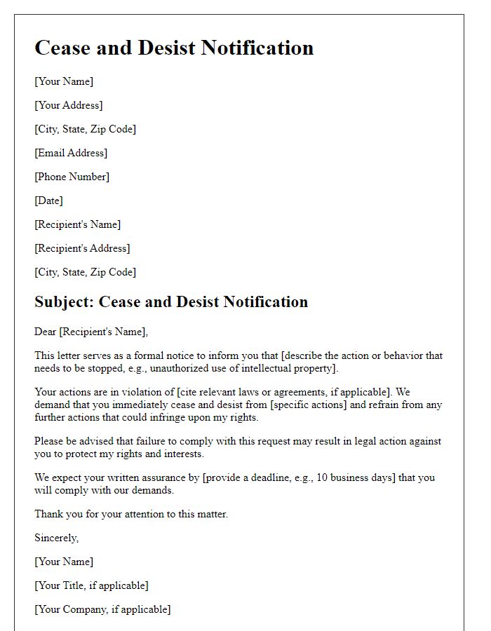 Letter template of formal cease and desist notification