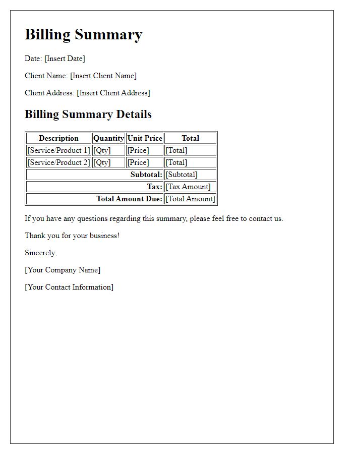 Letter template of billing summary for clients