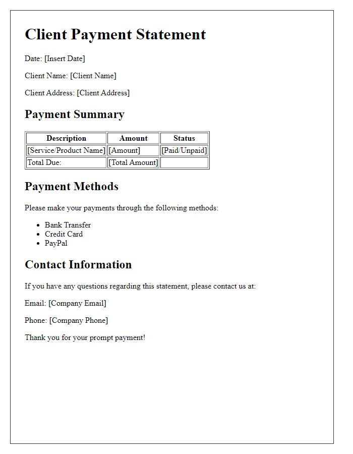 Letter template of client payment statement