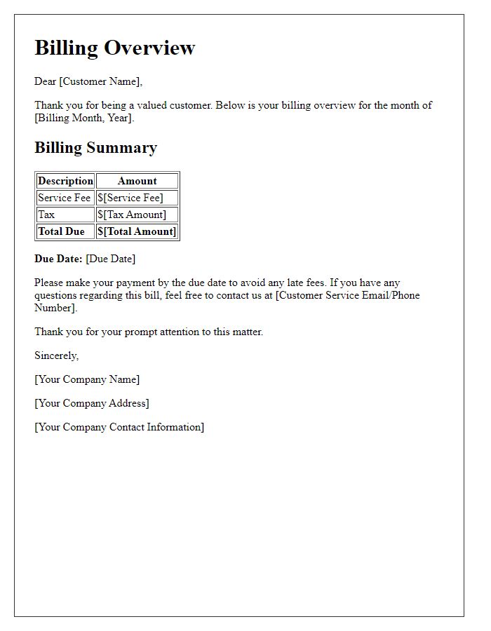 Letter template of customer billing overview