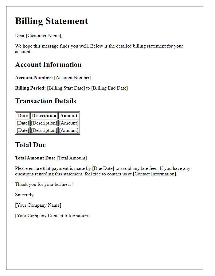 Letter template of detailed billing statement for customers