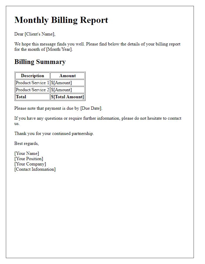 Letter template of monthly billing report for clients