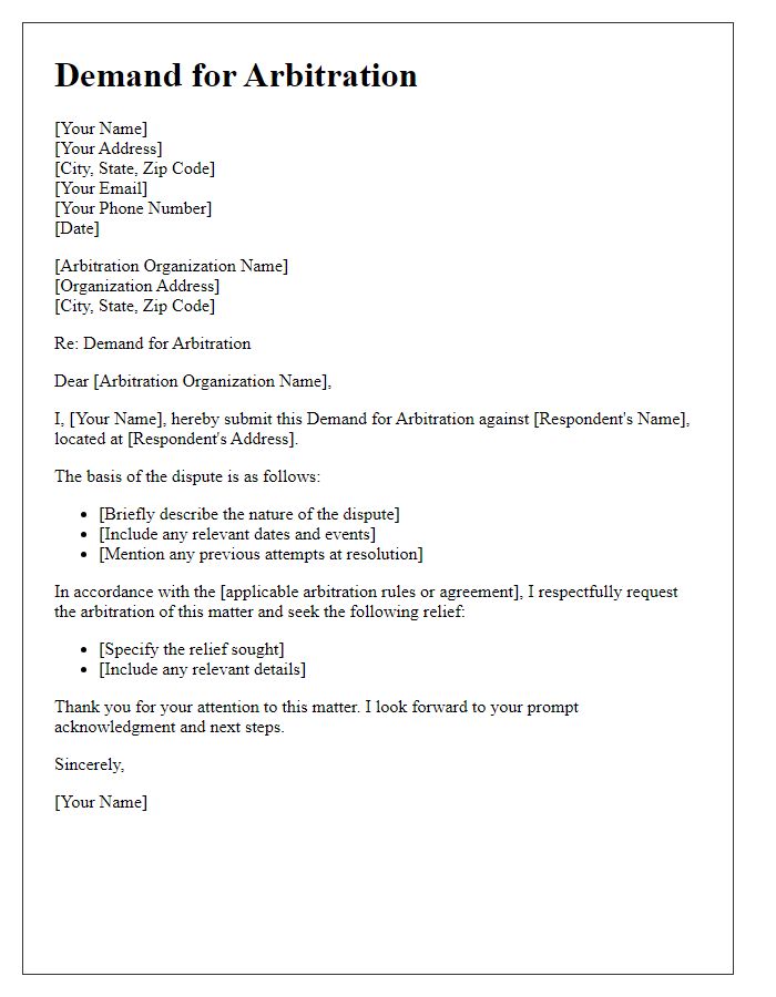 Letter template of Demand for Arbitration