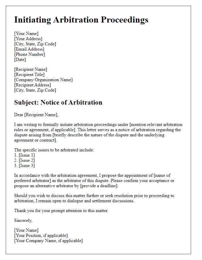 Letter template of Initiating Arbitration Proceedings