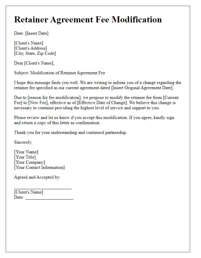 Letter template of retainer agreement fee modification