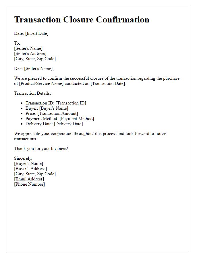 Letter template of buyer-seller transaction closure