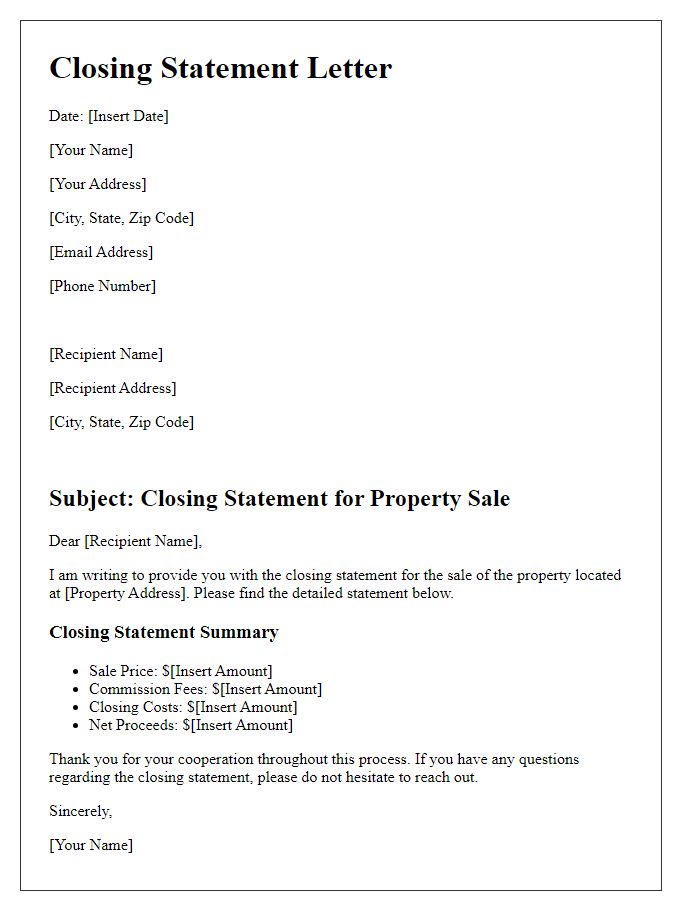 Letter template of closing statement for property sale