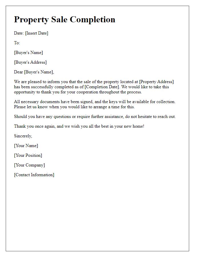 Letter template of property sale completion