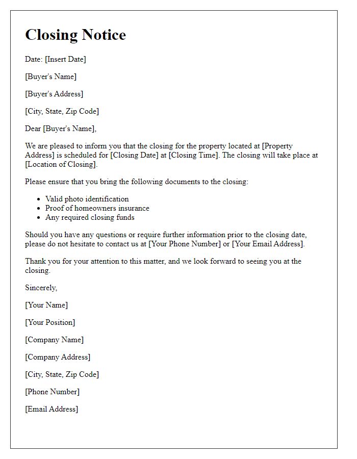 Letter template of real estate closing notice