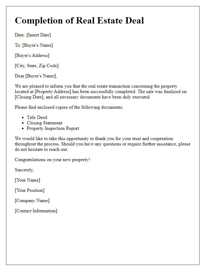 Letter template of real estate deal completion