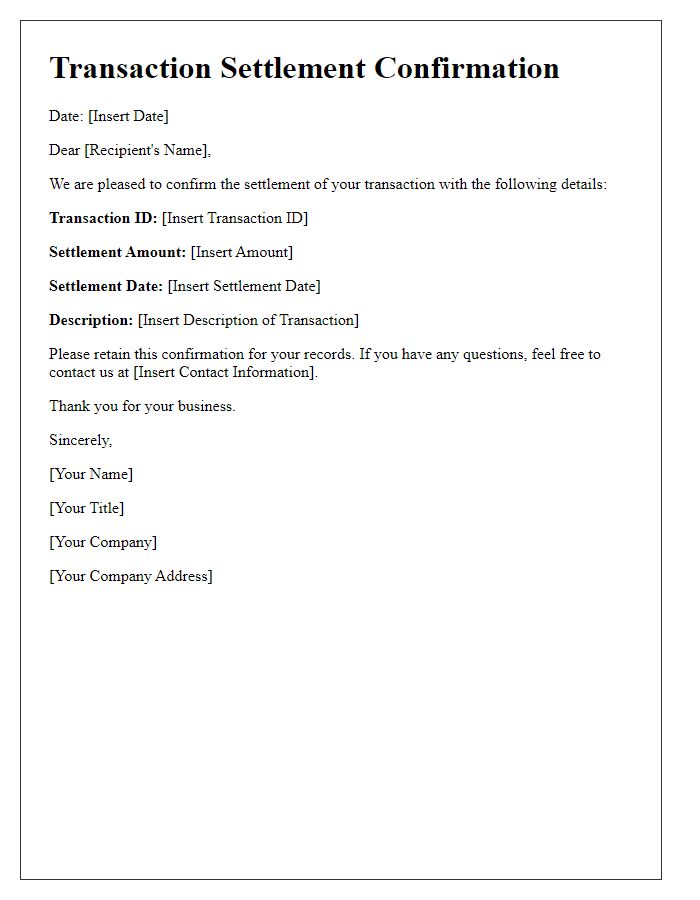 Letter template of transaction settlement confirmation