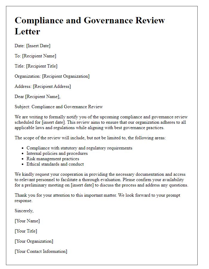 Letter template of compliance and governance review